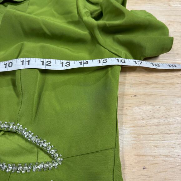 Mac Duggal NWT Plunge Neck Puff Sleeve Beaded Cut Out Gown Green Apple Size 2 - Picture 7 of 11